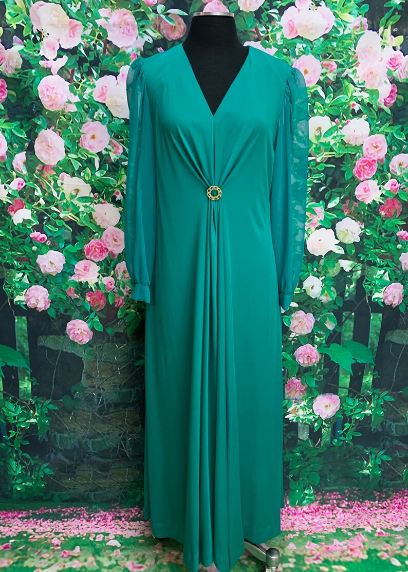 70s Jade Green Maxi Dress Sheer Chiffon Sleeves