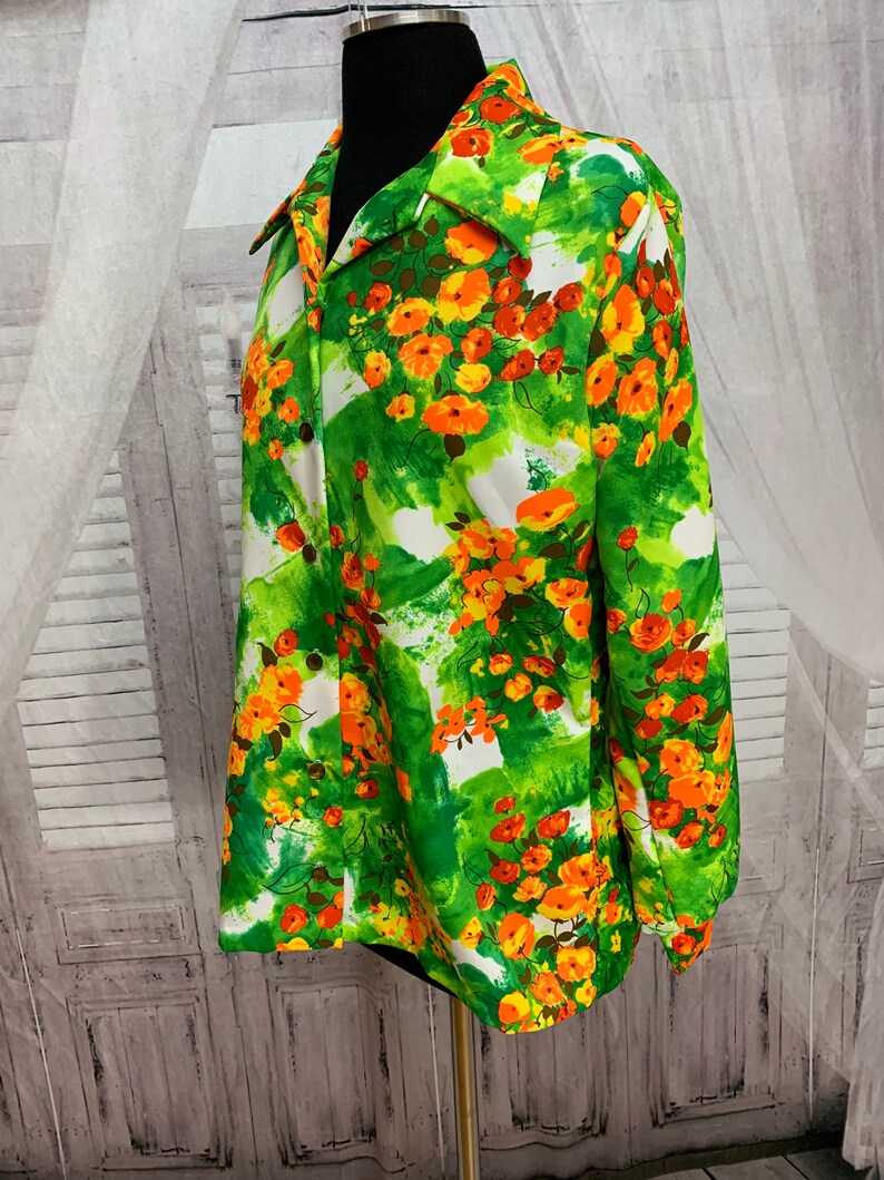 70s Green Floral Shirt Orange Flower Lanie J California Large