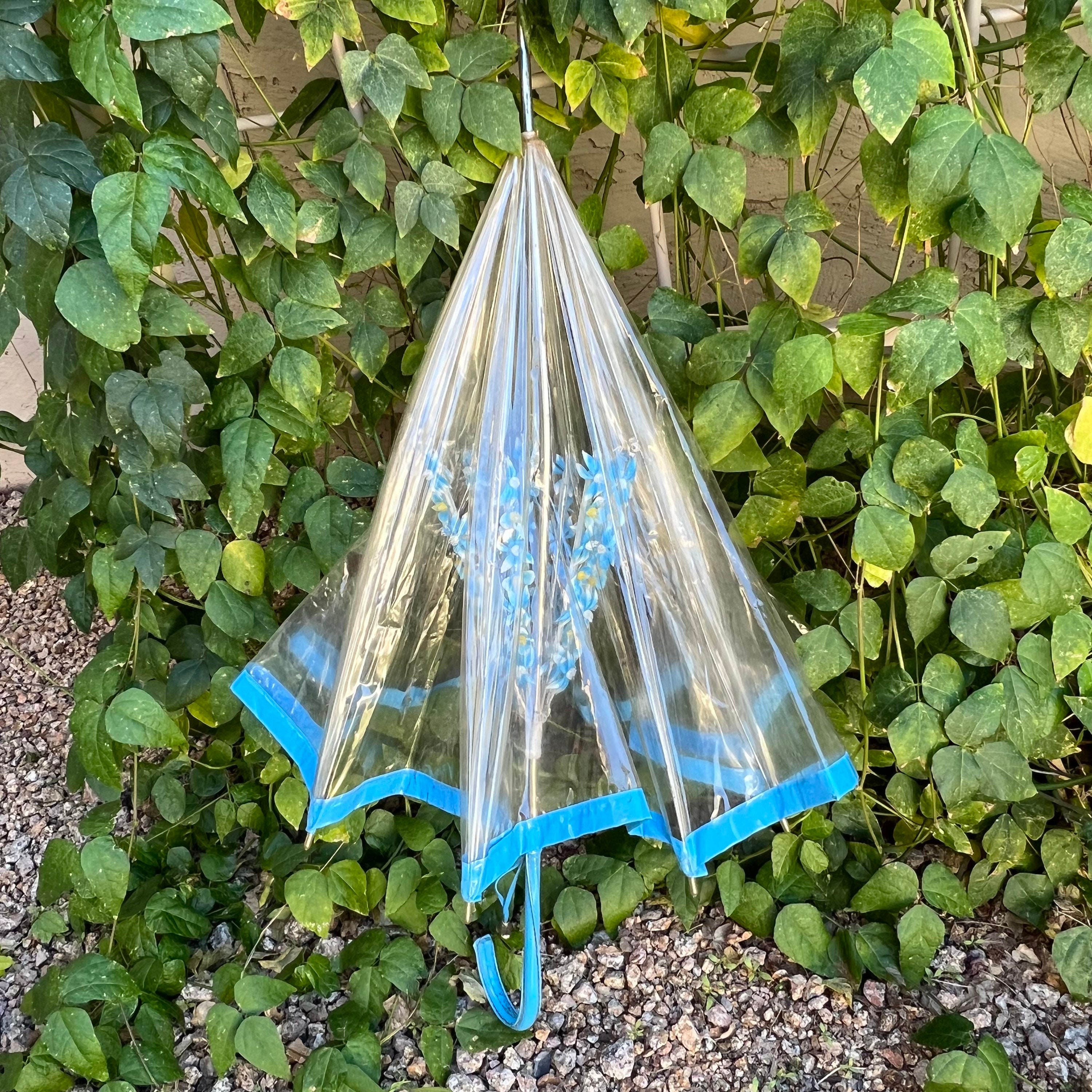 70s Clear Vinyl Umbrella Blue Flowers Etsy