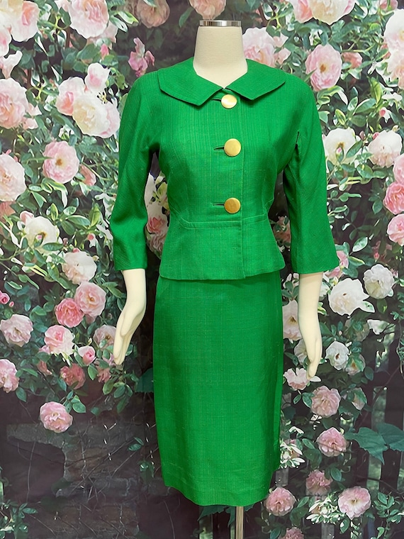 60s Harrods Mod Green Silk Skirt Suit Jacket