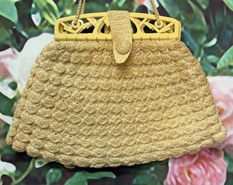 30s Beige Crochet Handbag Scotty Dog Celluloid Frame
