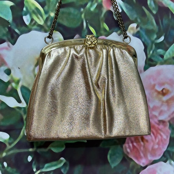60s Gold Leather Evening Purse Rose Clasp - image 1