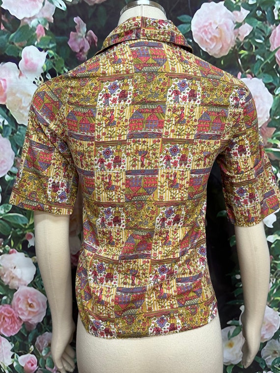 70s Folk Art Figural Novelty Blouse XS - image 7