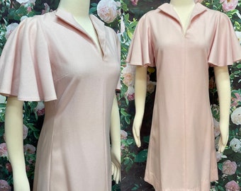 70s Pink Wool Shift Dress Flutter Sleeves