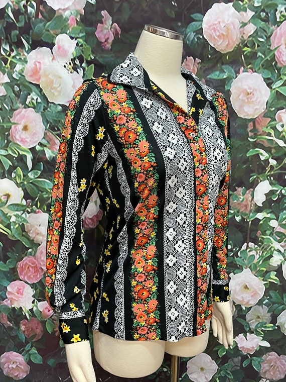 70s Lee Mar Black Floral Striped Blouse - image 5