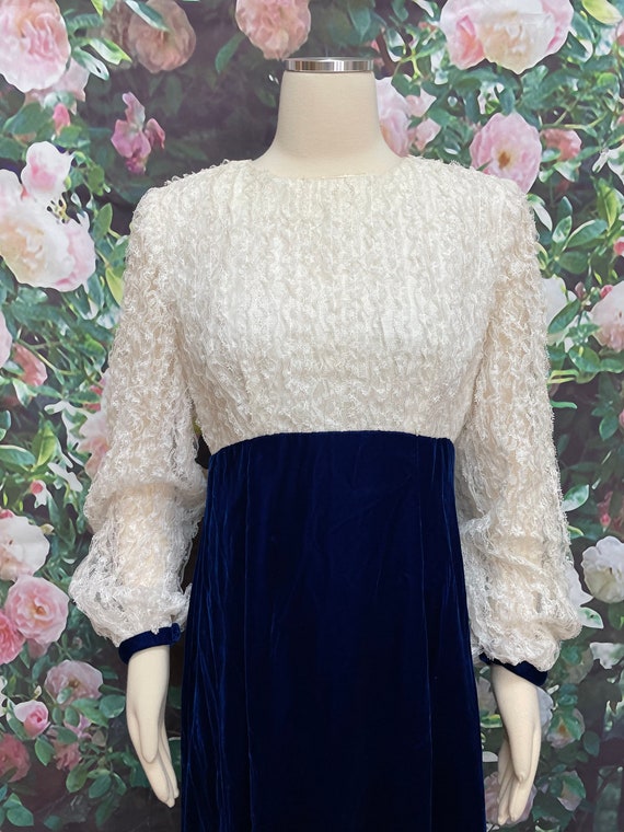 60s Blue Velvet Maxi Dress White Lace Bodice Bow … - image 3