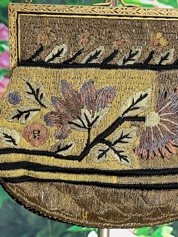 Antique French 1910 Gold Thread Purse Embroidered… - image 3