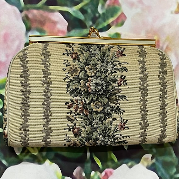 60s Bienen Davis Beige Tapestry Clutch Two Compart