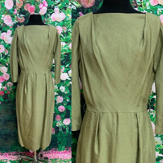 60s Kerrybrooke Olive Green Silk Dress Large