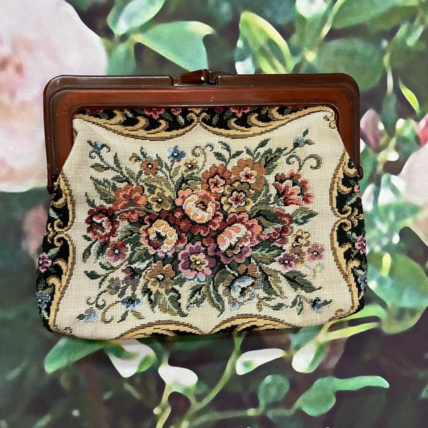 80s Pink Floral Tapestry Pouch Plastic Frame