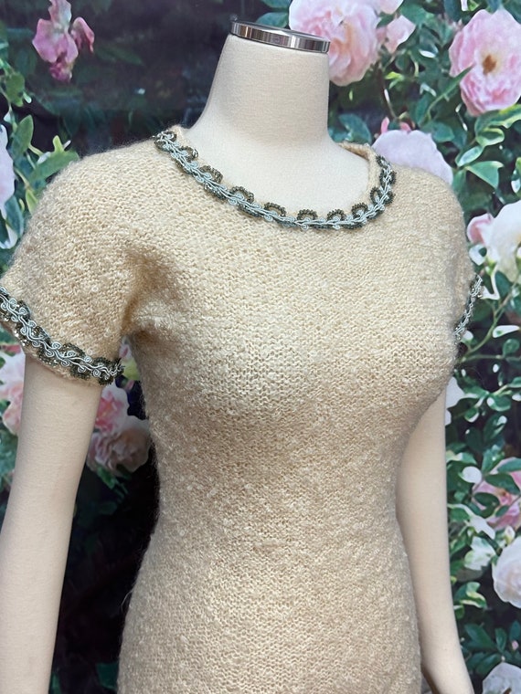 60s Cream Wool Knit Sweater Dress Sequin Trim - image 6