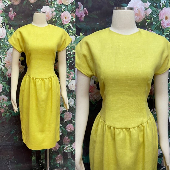 70s Lemon Yellow Faux Linen Dress Dropped Waist - image 1