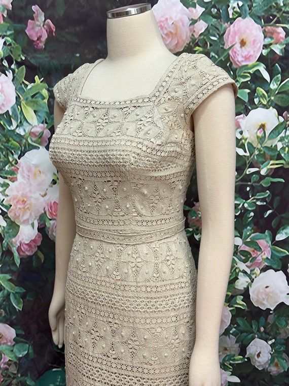 60s Peggy Hunt Beige Crochet Lace Dress - image 5