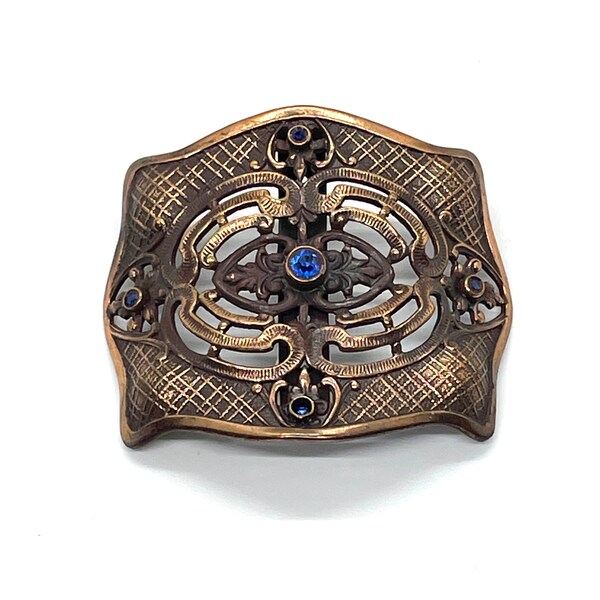 Art Nouveau F N Co Buckle Engraved Copper Blue Rhinestone