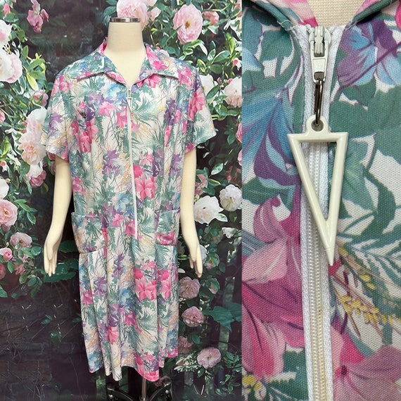 70s Pink Floral Zip Dress Ms Lea Plus Size - image 1