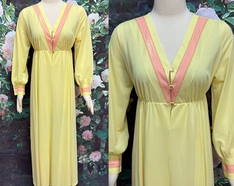 70s Mistee Yellow Nylon Crepe Nightgown Pink Trim