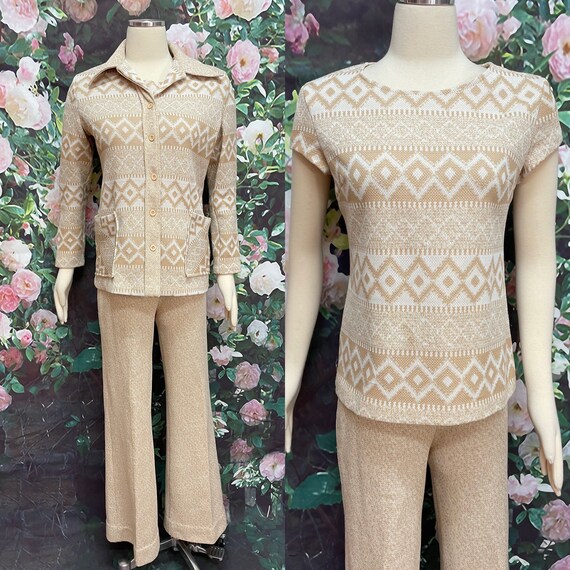 70s Tan Polyester Three Piece Pant Suit Cardigan … - image 1