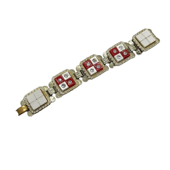 70s Red White Checkerboard link Bracelet Rhinesto… - image 6