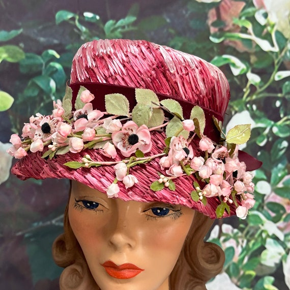 60s Evelyn Varon Pink Straw Bucket Hat Silk Flowe… - image 3