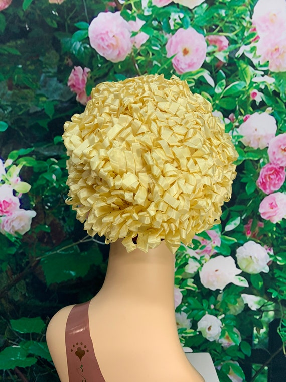 60s Yellow Ribbon Hat Woven Beret Snood Caul - Gem display picture 2