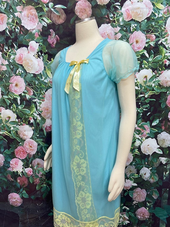 60s Turquoise Blue Chiffon Babydoll Nightgown Gol… - image 5