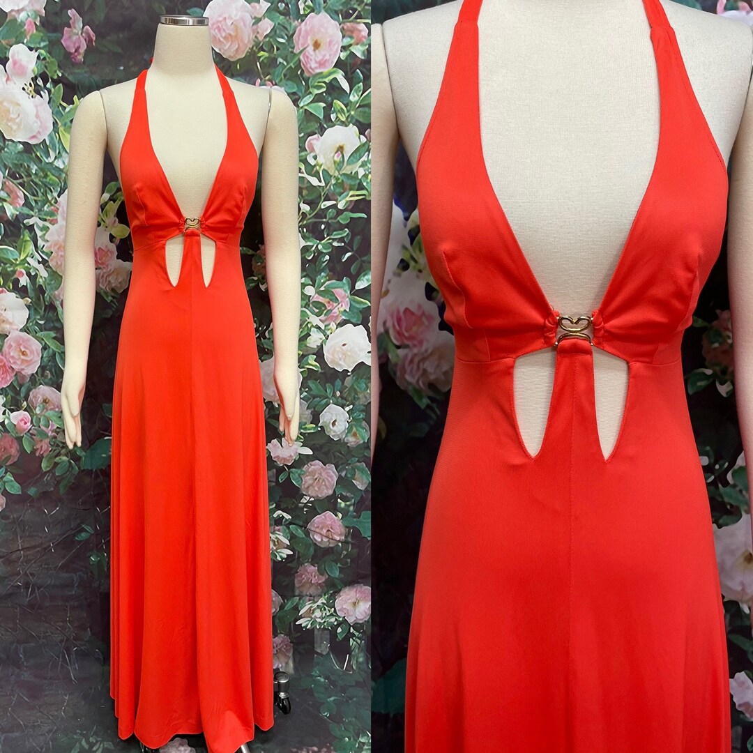 70s Orange Cutout Halter Maxi Dress Sexy Etsy