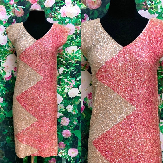 60s Gene Shelly Iridescent Cream Pink Sequin Dress