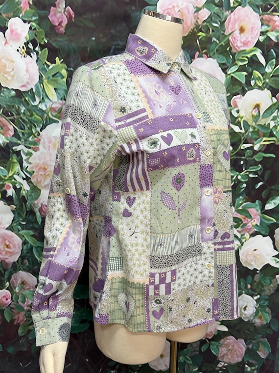 80s Purple Heart Patchwork Button Down Blouse - image 4