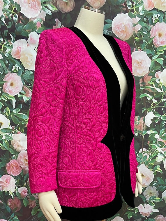 80s Ungaro Paris Fuchsia Pink Quilted Jacket Blac… - image 5