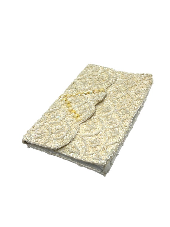60s Ivory Sequin Envelope Purse Beaded Bridal Clu… - image 4