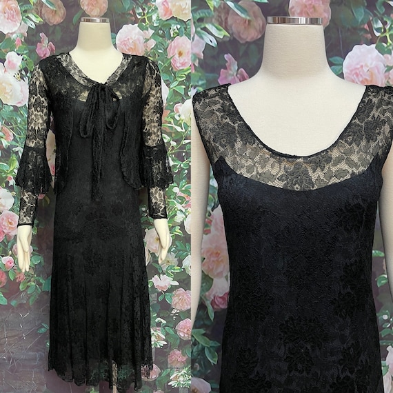 20s Black Lace Dress with Shrug Dropped Waist - image 1