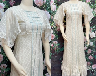 70s White Cottagecore Maxi Dress Lace Flutter Sleeves Prairie Dress XS