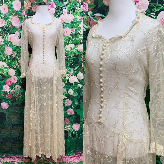 30s Ivory Embroidered Net Lace Dress Wedding Gown