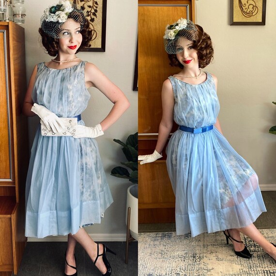 50s Blue Floral Chiffon Dress Fit and Flare Sheer