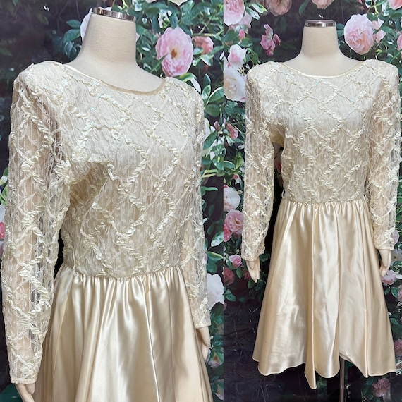 80s Filigree Ivory Satin Lace Sequin Party Dress