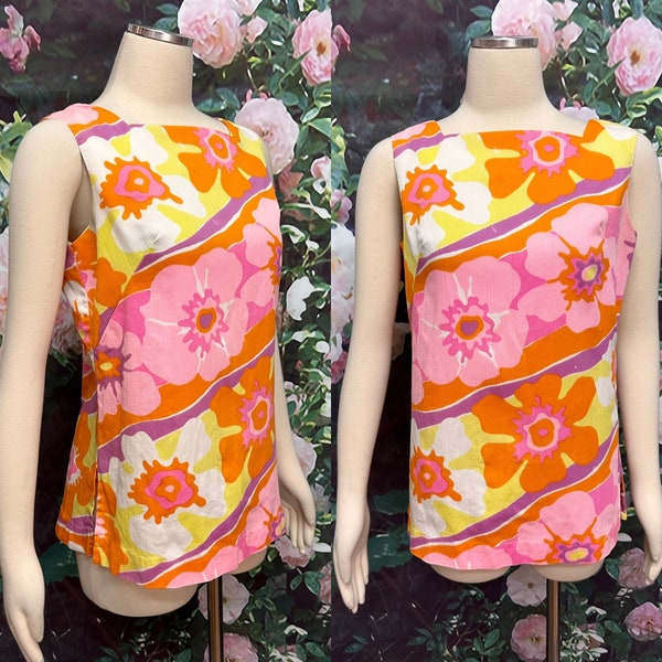 70s Pink Floral Shell Top Blouse Button Back