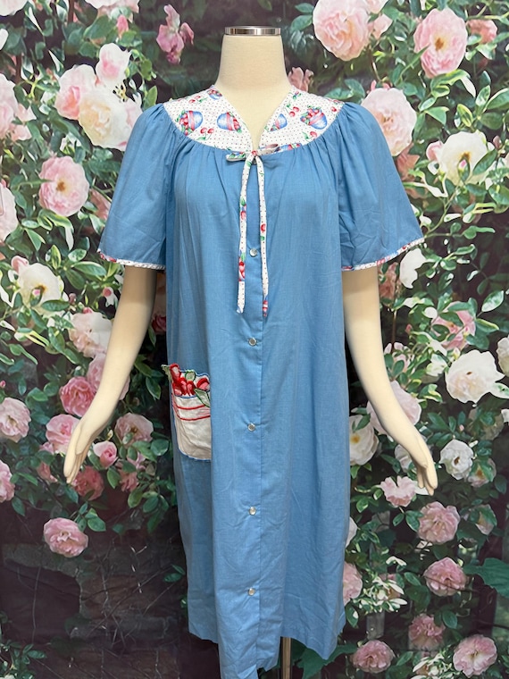 Vintage Blue House Dress Bowl of Cherries Carriage Court Robe NOS