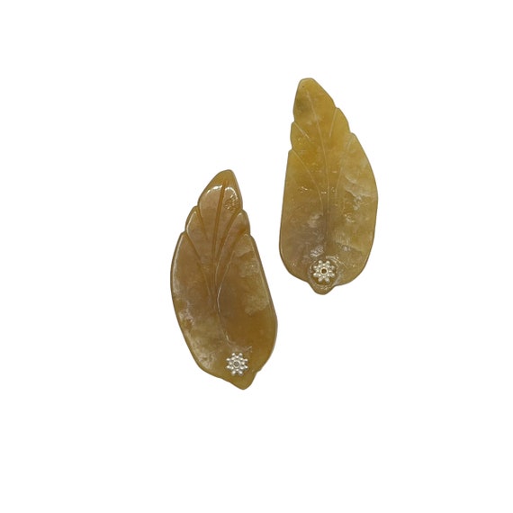 60s Golden Natural Carved Stone Leaf Cufflinks - image 1