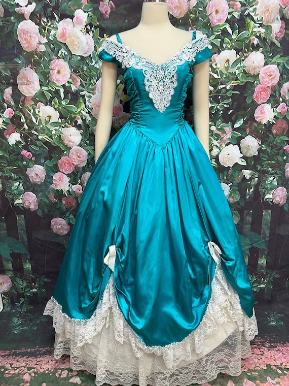 80s Zum Zum Peacock Blue Satin Southern Belle Dress - Etsy