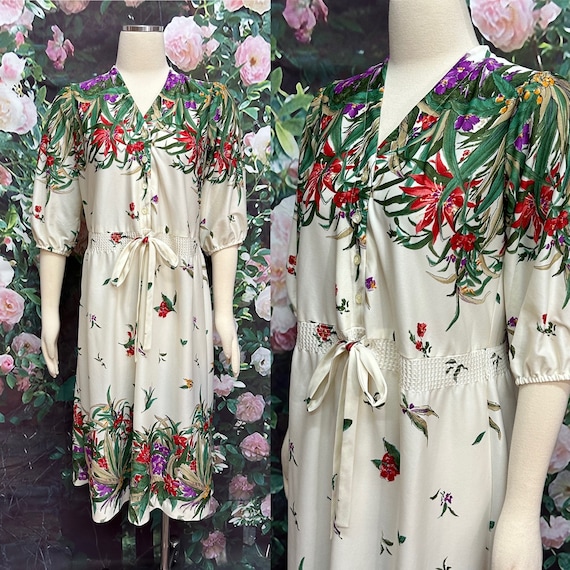 70s Lehigh White Floral Border Print Dress - image 1