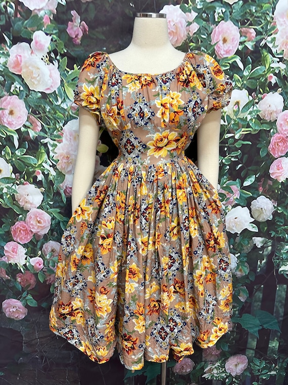 50s Gold Floral Rayon Dress XS Fit and Flare