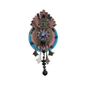 80s Artisan Mixed Media Brooch Ceramic Plate Dangle Bead