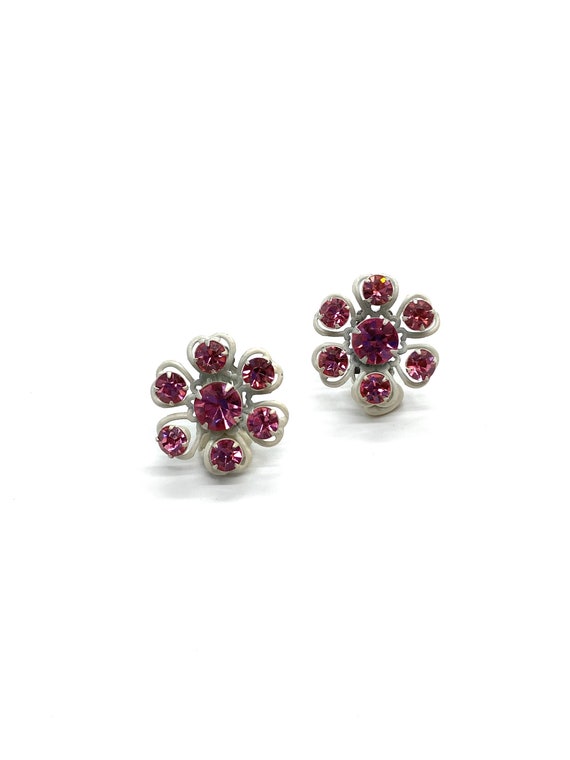 60s Pink Rhinestone Daisy Earrings Set in White - image 4