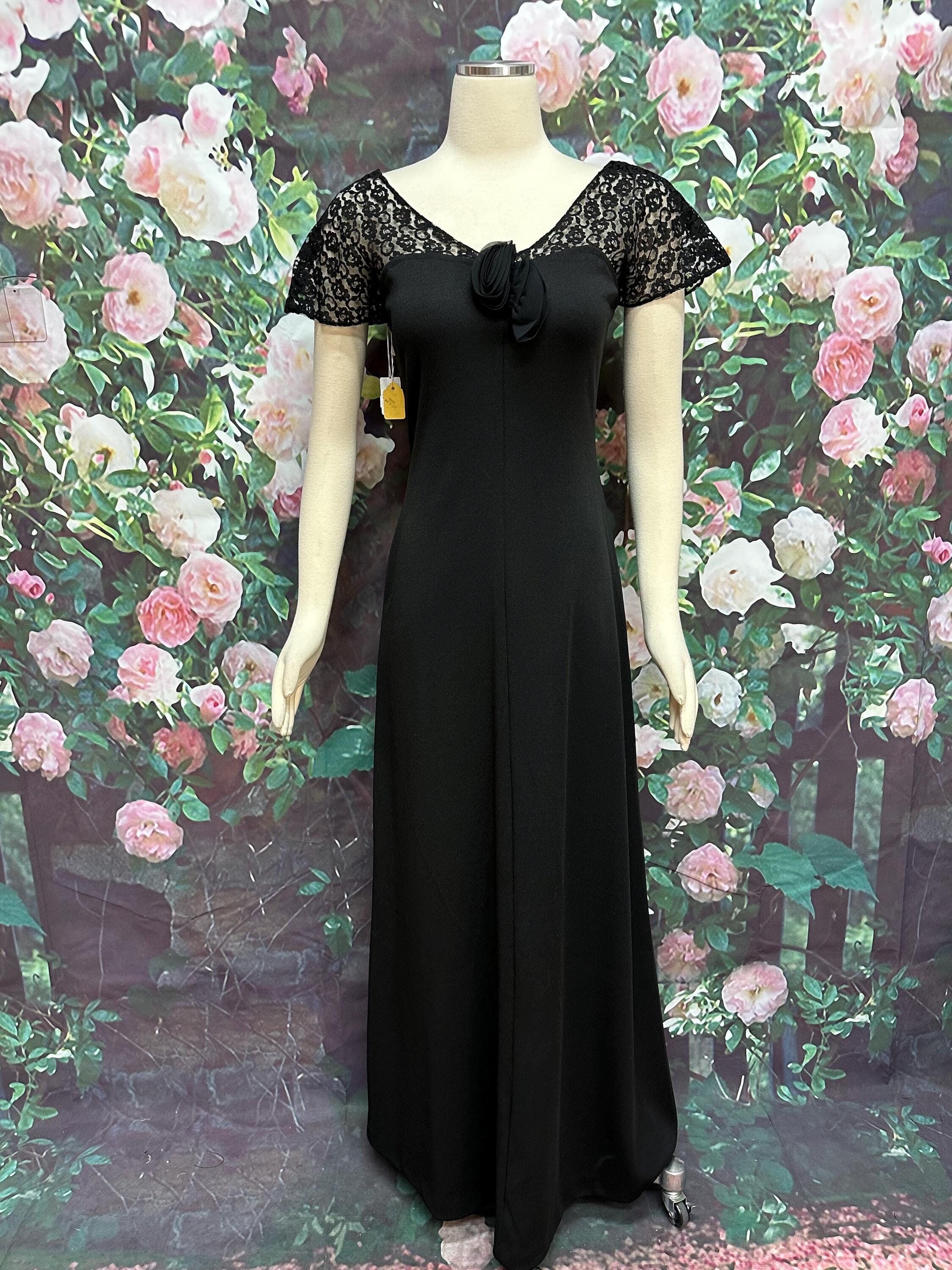 70s Mister Jay Black Maxi Dress 30s Style Lace Shoulders NOS - Etsy