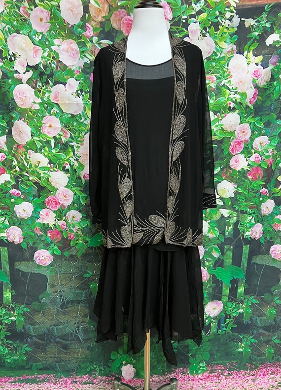 20s Black Sheer Silk Beaded Dress Jacket Flapper - image 2