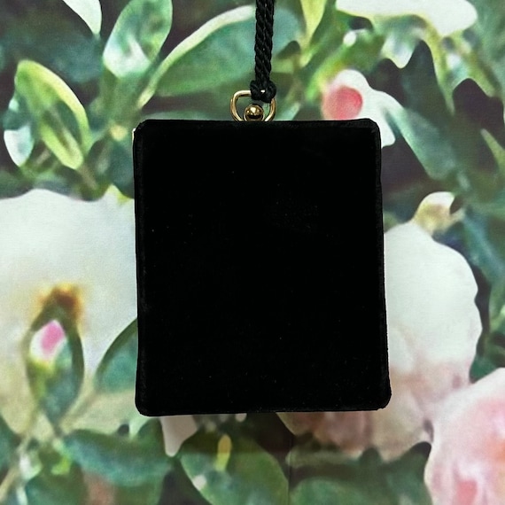60s Black Velvet Mirror Box Purse Blue Interior Minaudiere