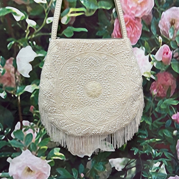 70s Cream Plastic Bead Fringed Shoulder Purse