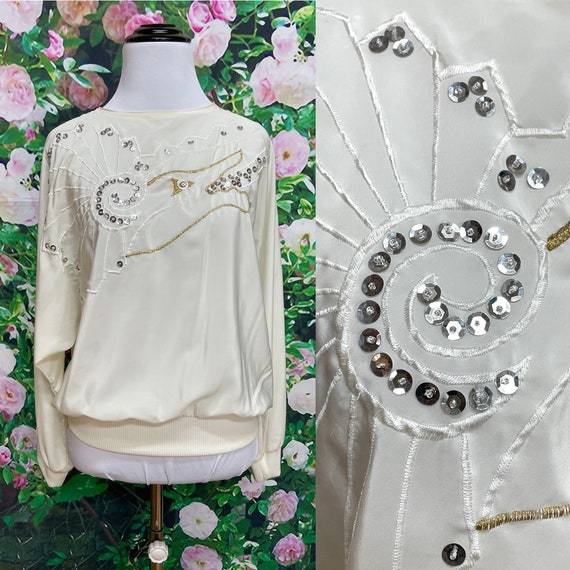 80s Campus Casuals Cream Sequin Blouson Blouse Po… - image 1