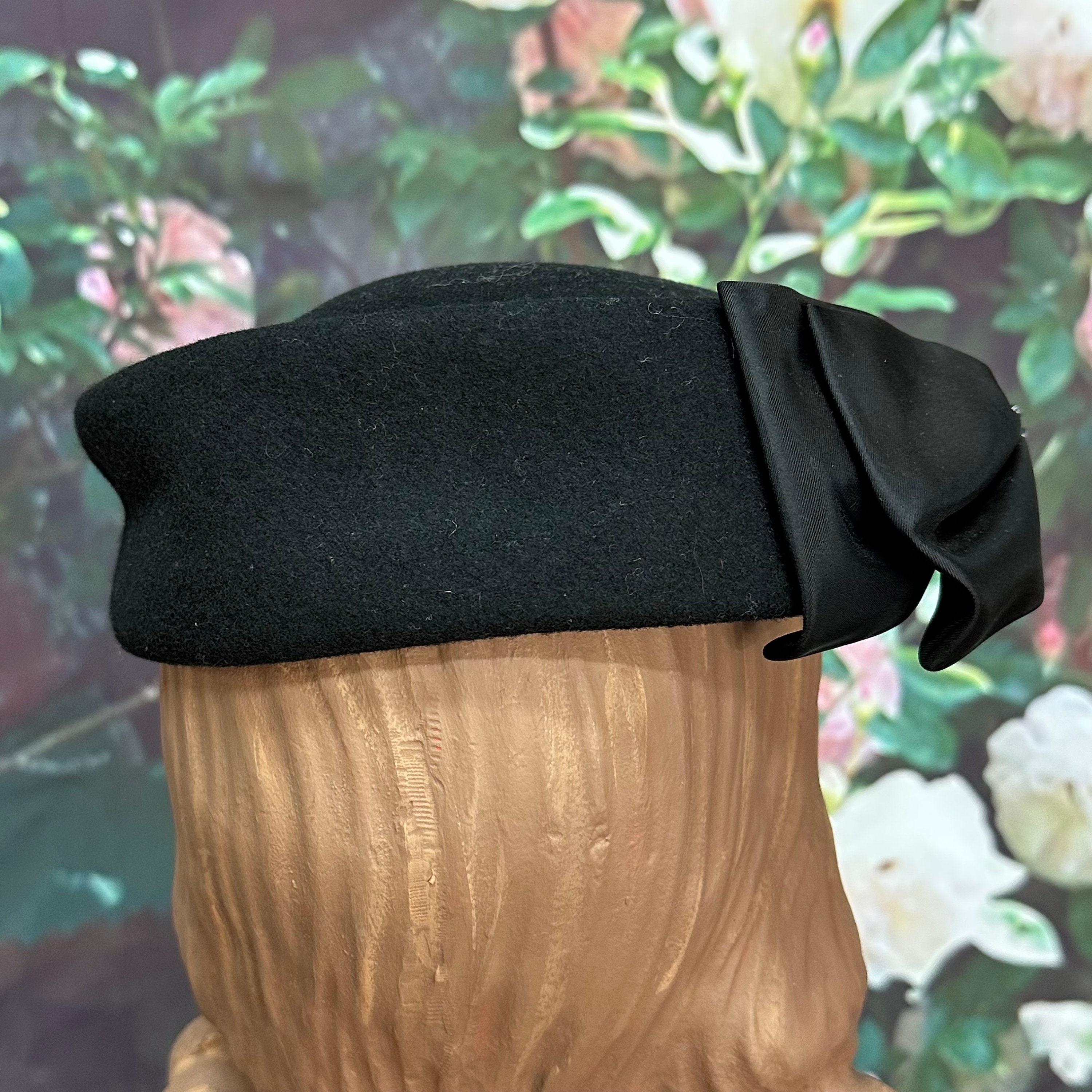 80s Fedoria Black Wool Hat Rhinestone Bow - Etsy display picture 1