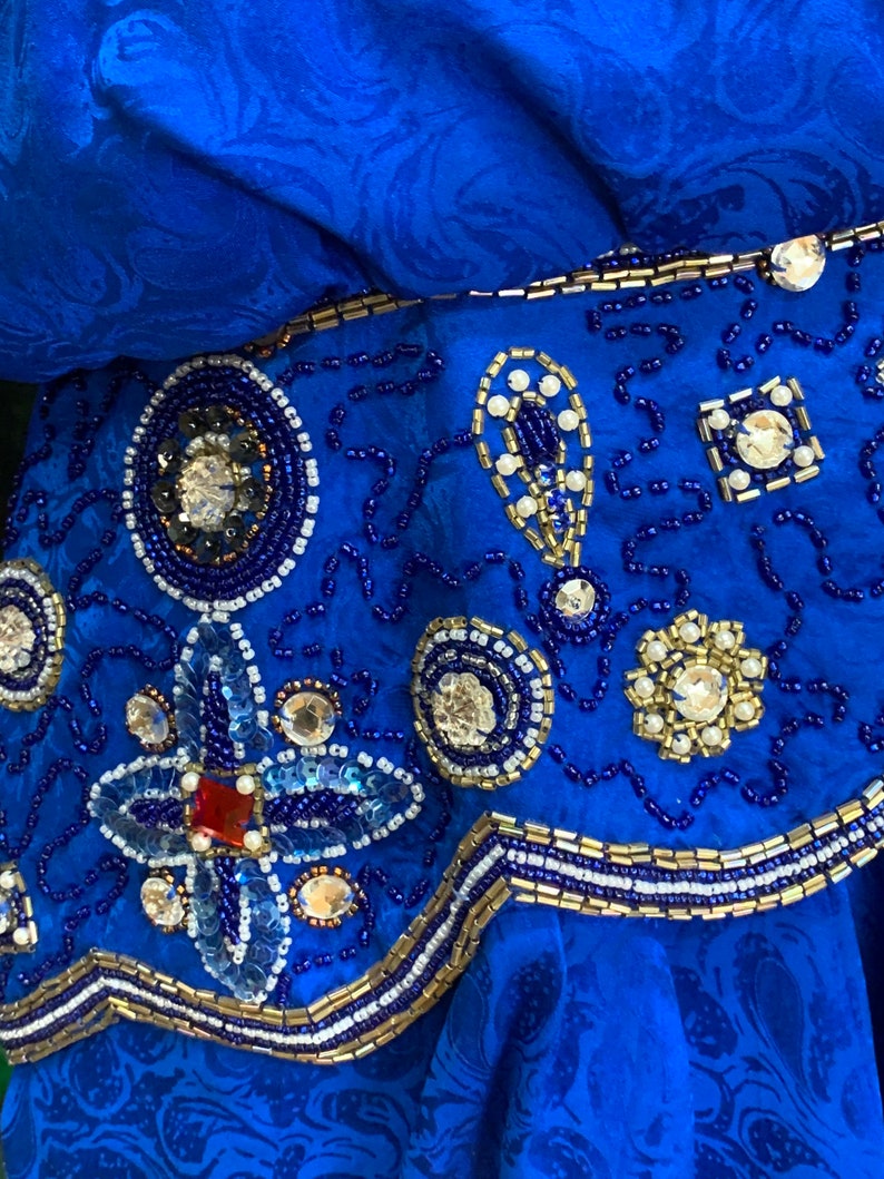80s I. Magnin Blue Silk Formal Dress Beaded Sequins image 4